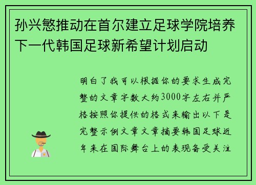 孙兴慜推动在首尔建立足球学院培养下一代韩国足球新希望计划启动